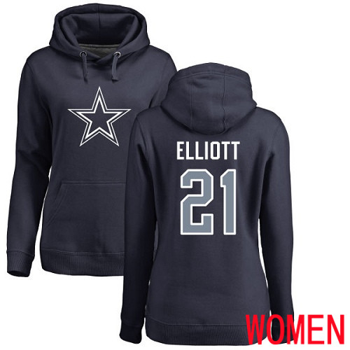 Women Dallas Cowboys Navy Blue Ezekiel Elliott Name and Number Logo #21 Pullover NFL Hoodie Sweatshirts->nfl t-shirts->Sports Accessory